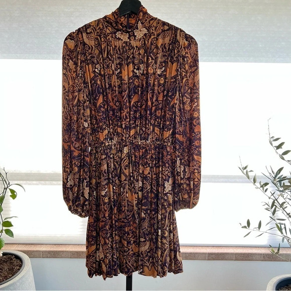 Ulla Johnson New York Wilhemina Gathered Printed Dress Purple Beige Celestial P - Picture 2 of 9